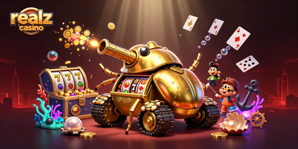 Experience the fun at Realz Casino with a dynamic 3D casino illustration showcasing vibrant gaming elements.