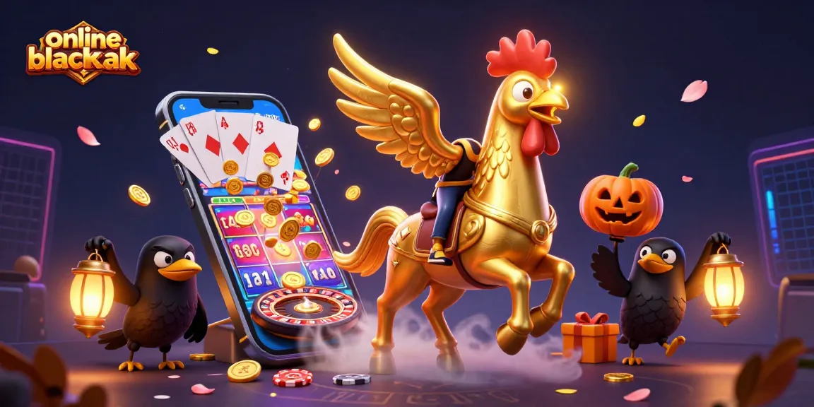 Engage in online blackjack fun with an exciting illustration of a golden rooster in a vibrant casino setting.