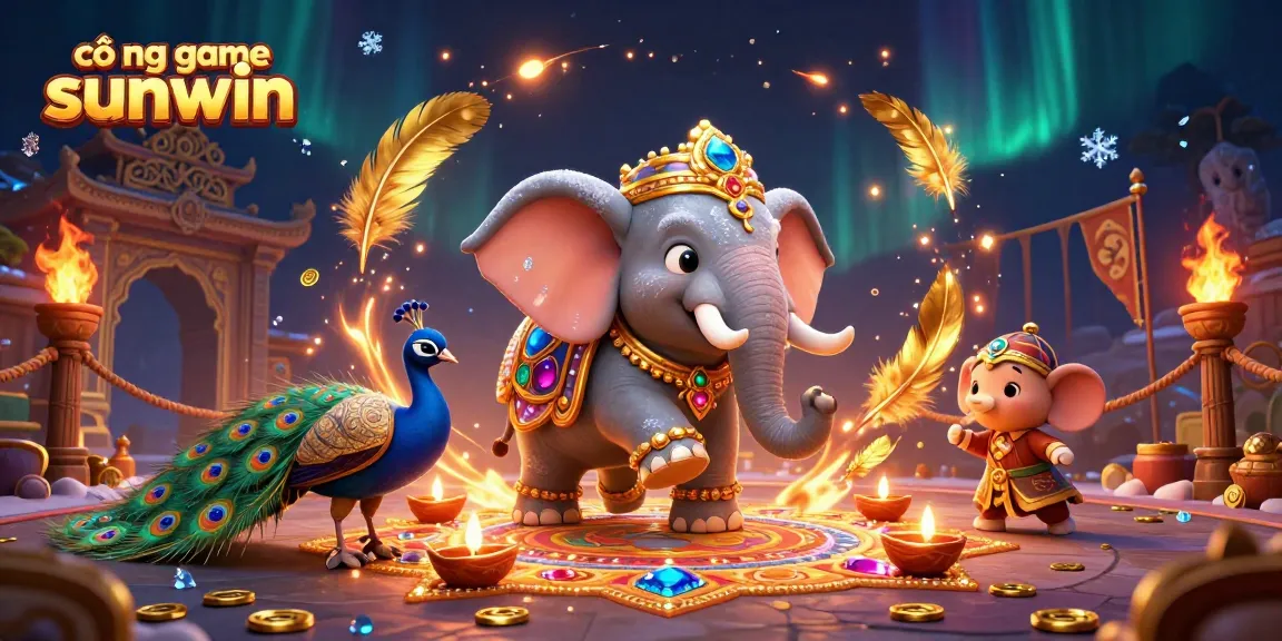 Engage in thrilling gameplay at cổng game sunwin with vibrant 3D casino elements featuring a joyful elephant and peacock.